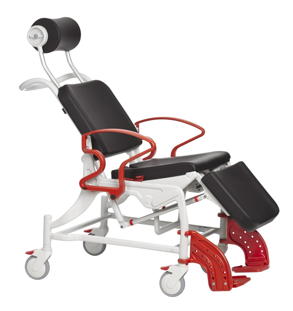Chaise percée de douche - Phoenix - avec roulettes - avec accoudoirs - rouge - avec pot