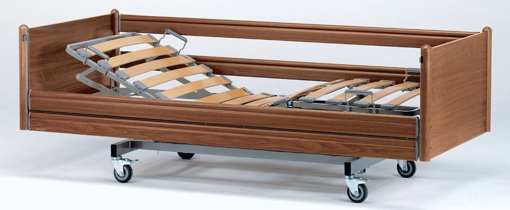 Elektrisches Pflegebett - Belluno - 4-geteilt - 120x200cm - Einzelradbremse - Einzelrad - durchgehende Seitengitter - Federholzleisten - Madison Walnuss R30011 - Typ VIII - Matratzenausgleich