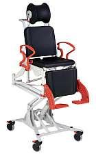 Chaise percée de douche - Phoenix - Réglage en hauteur hydraulique - avec roulettes - avec accoudoirs - rouge - avec pot