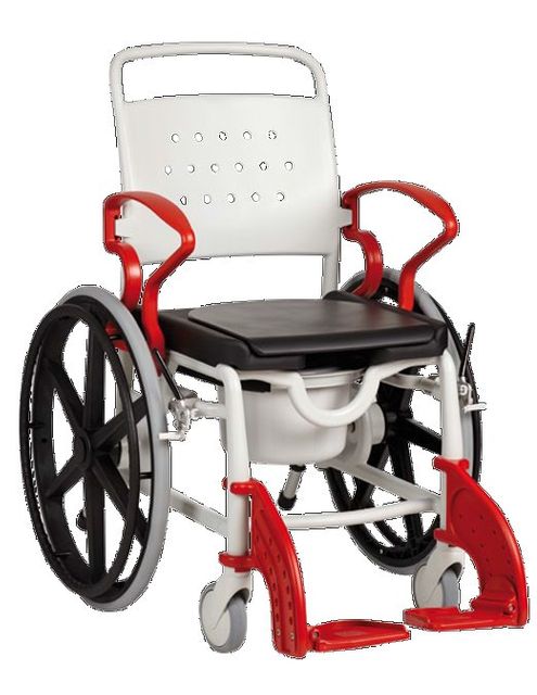 Chaise percée de douche - Genf - roues 24" - avec accoudoirs - blanc - avec porte-pot, pot et assise souple